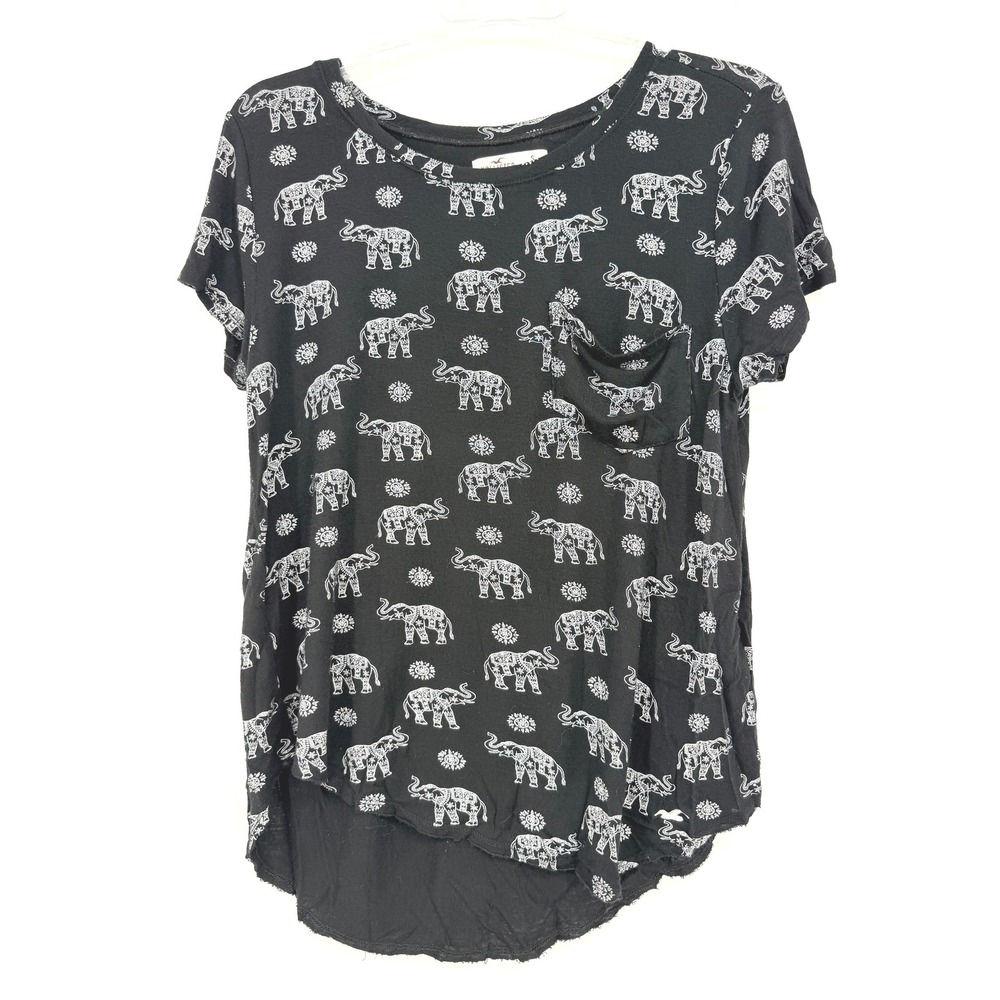 Hollister Womens Black Elephant Print Pocket T-Shirt High Low Hem Small